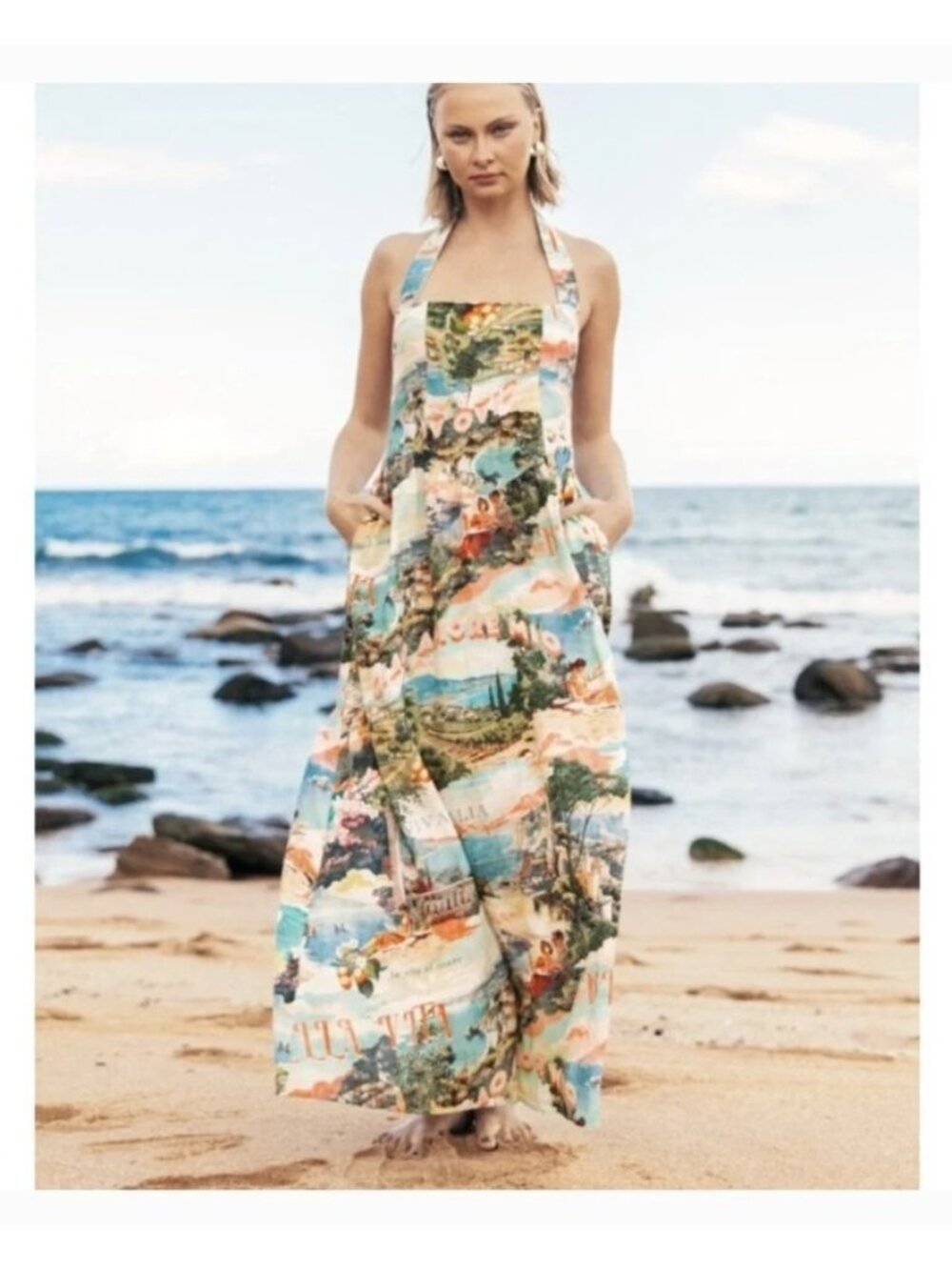 White Closet Elements Va L'Italia Scenic Print Halter Maxi Dress Italy Small